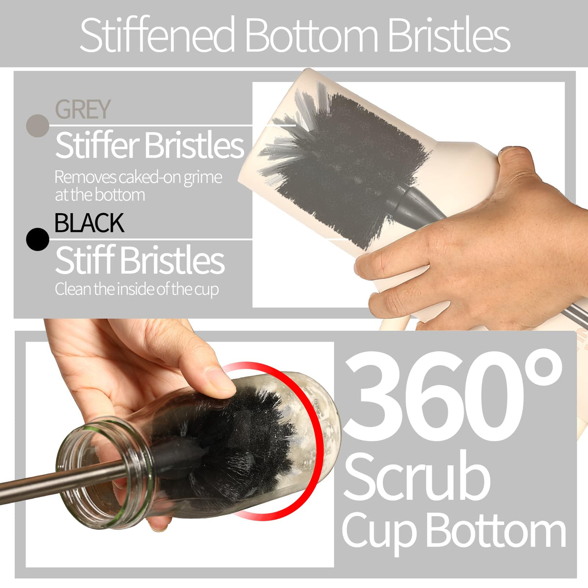 Bottle Brush Set 4 Pack - 15 Inch Long Handle Bottle Brush Cleaner with Stainless Steel Shaft, Straw Cleaner Brush and Lid Brush for Bottles, Thermos, Glasswares, Mugs, Cups, Tumblers