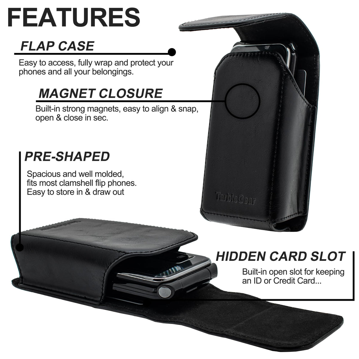 TarbicGear Leather Flip Phone Case with Belt Clip, Pouch for Kyocera & TCL & Nokia Flip Phone Holster for Belt, Cat S22 Case, Phones Sheath, Sonim XP3 Plus Magnetic Phones Pouch (Black)