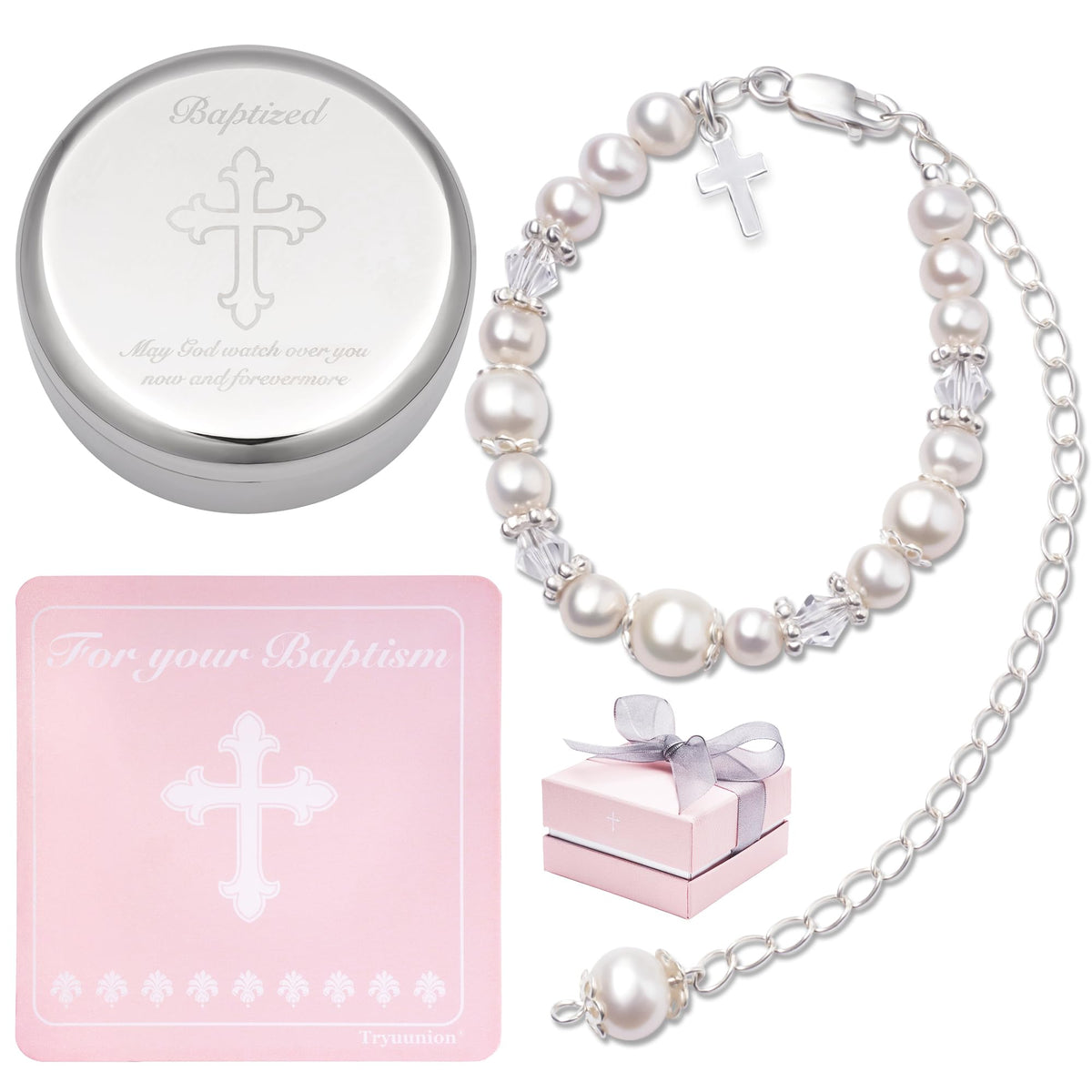 Tryuunion Baptism Bracelet in Sterling Silver and Cultured Pearls for Baby Girls, with Silver-plated Jewelry Keepsake Box, Great Catholic Christening and Baptism Gifts for Girl