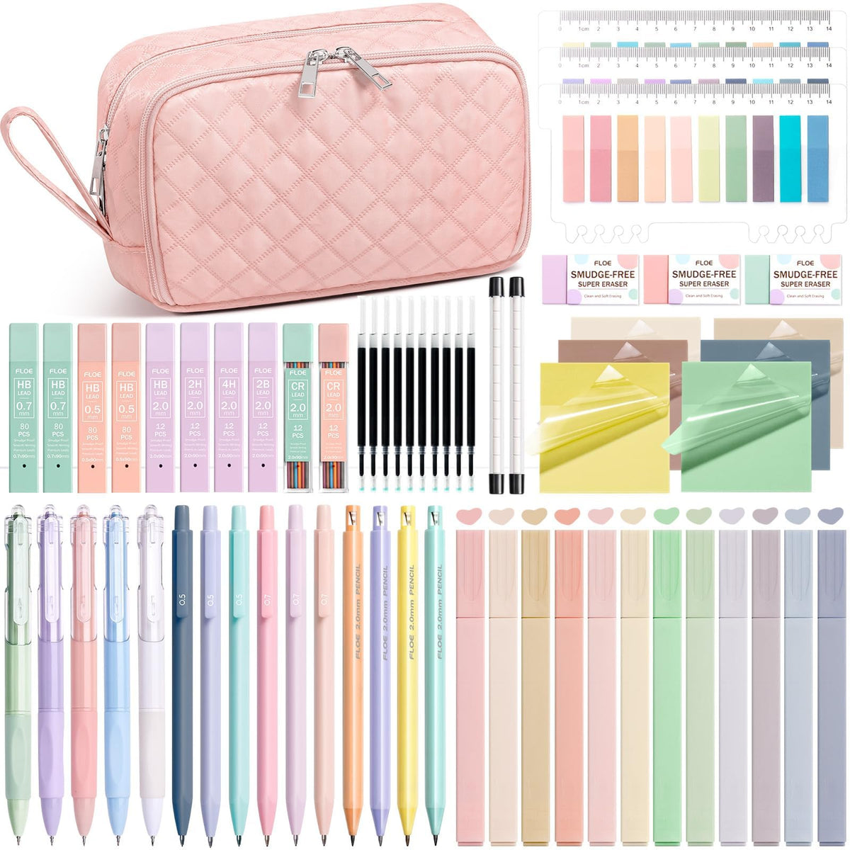 62PCS Aesthetic School Supplies with Cute Pencil Case, Pastel Highlighters Black Ink Gel Pens Mechanical Pencils Kit, Back to School Supplies College Essentials Preppy Stationary Set for Student Girls