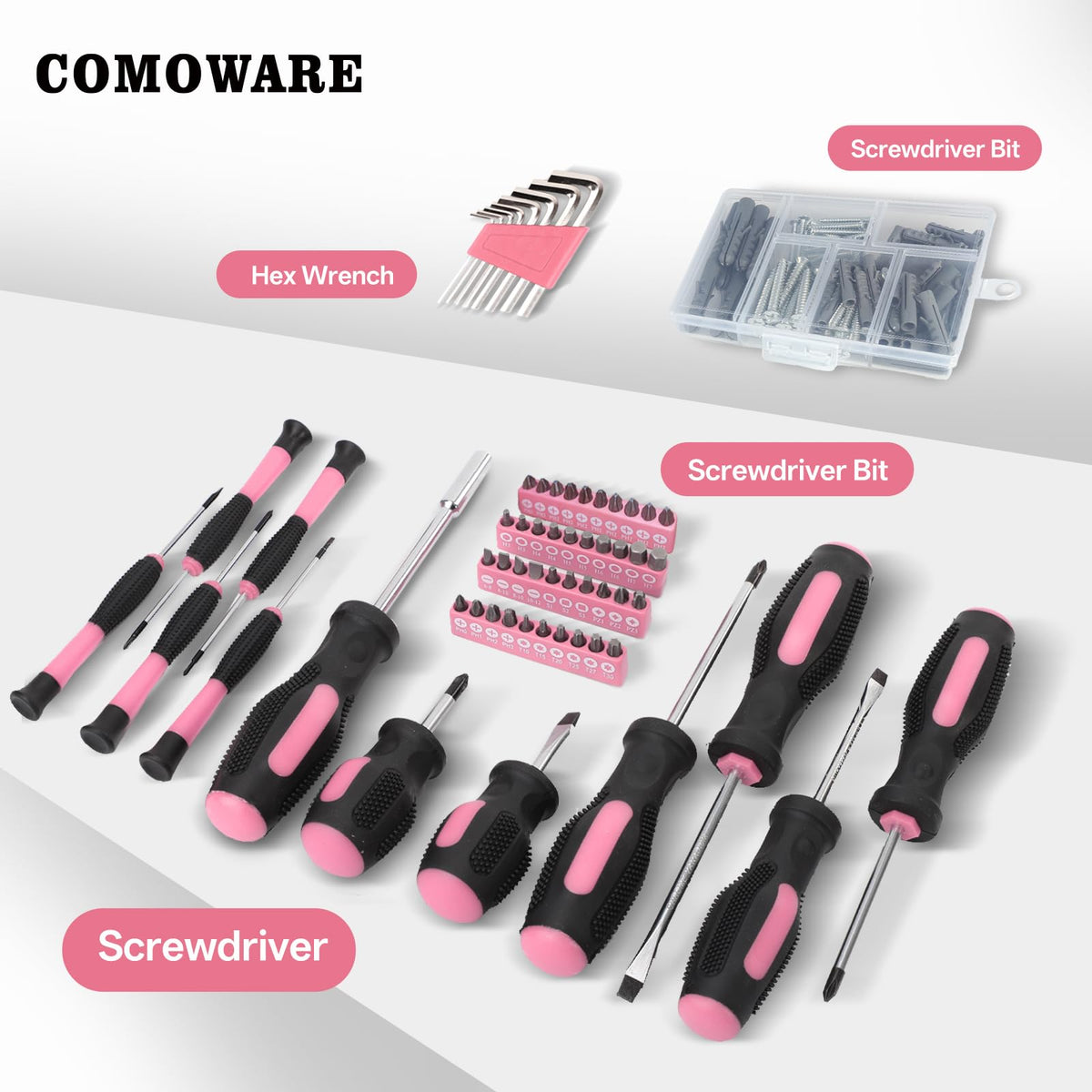 COMOWARE 218 Pcs Pink Home Tool Kit, Basic Household Hand Tool Set with Bag, Ladies Hand Tool Kit Women Home Repairing Tool Kit for Home Maintenance Daily Use Homework DIY
