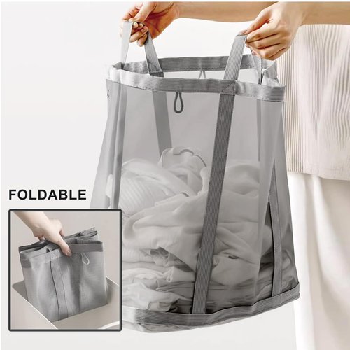 Mesh Bag with Handles, Collapsible Laundry Basket, Foldable Laundry Bag, Breathable Folding Beach Bag,Space-saving Travel Tote Bags (1, Grey)