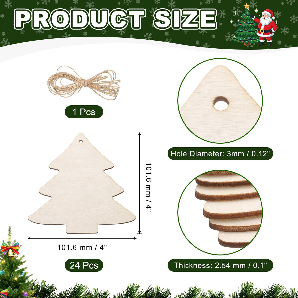 MECCANIXITY 24Pcs Wooden Christmas Tree Ornaments to Paint, 4" x 4" DIY Blank Unfinished Wood Homemade Ornament with Rope for Art Crafts DIY Thanksgiving Halloween Birthday Gifts