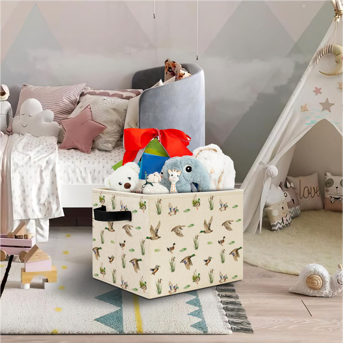 Elefeltclave Mallard Duck Nursery Storage Bins, Farmhouse Wild Green Head Ducks Hunting Collapsible Storage Basket Organizer for Kids Bedroom Bathroom Clothes Toys Books,Toybox for Girls