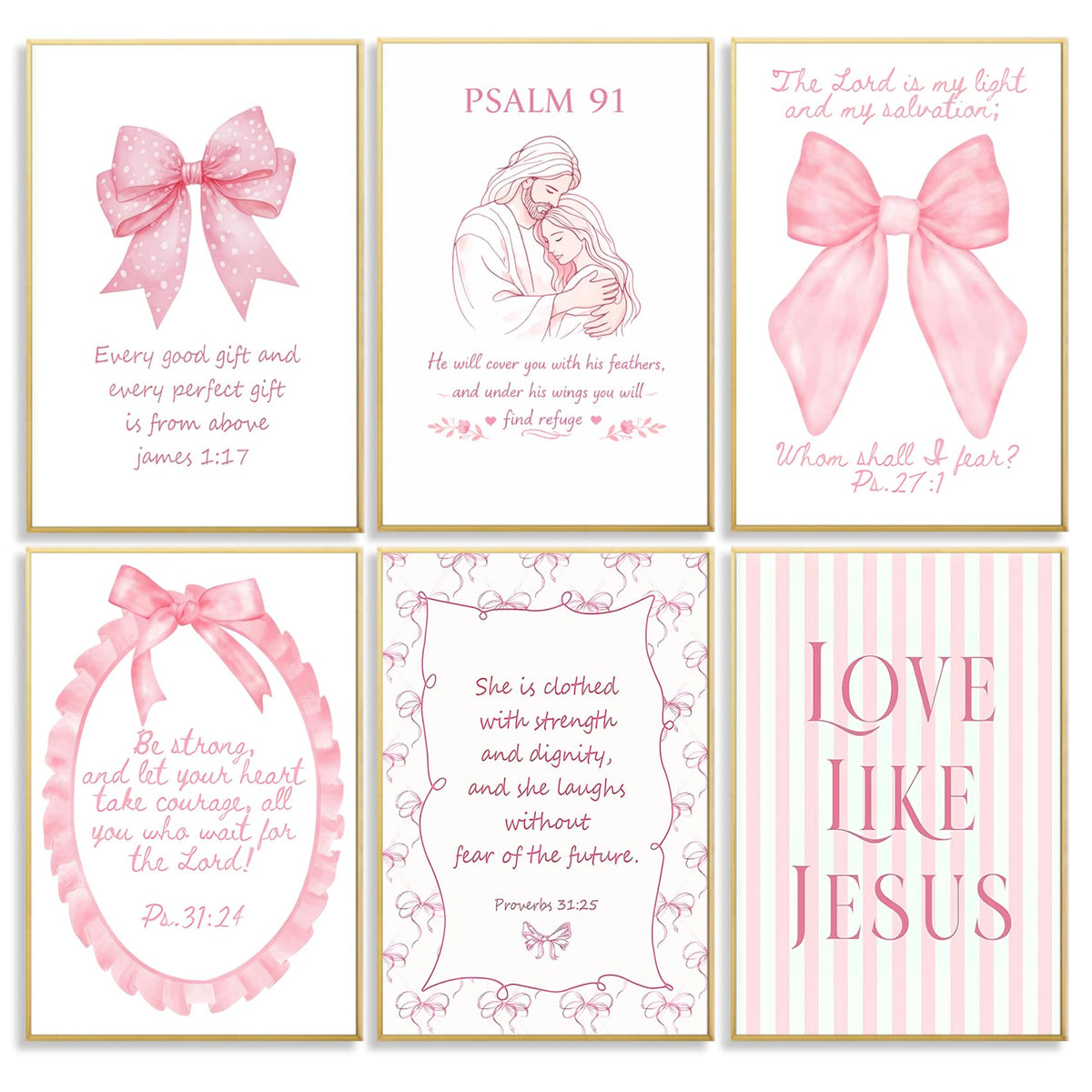 Pink Christian Wall Art Decor Posters Pink bow scriptures Inspirational Bible Wall Decor Room Bedroom Bathroom Dorm Wall Art Decor for College Teen Girls Gifts 10x8 Inch Set of 6pc Pictures UNFRAMED