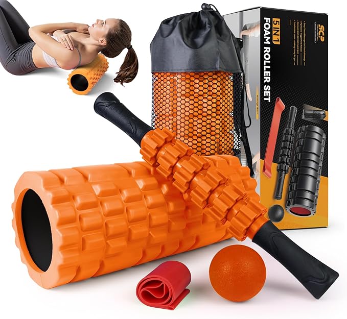 5 in 1 Foam Roller Set for Deep Tissue Muscle Massage, Trigger Point Fitness Exercise Foam Roller, Massage Roller, Massage Ball, Stretching Strap, for Whole Body(Orange-Black)