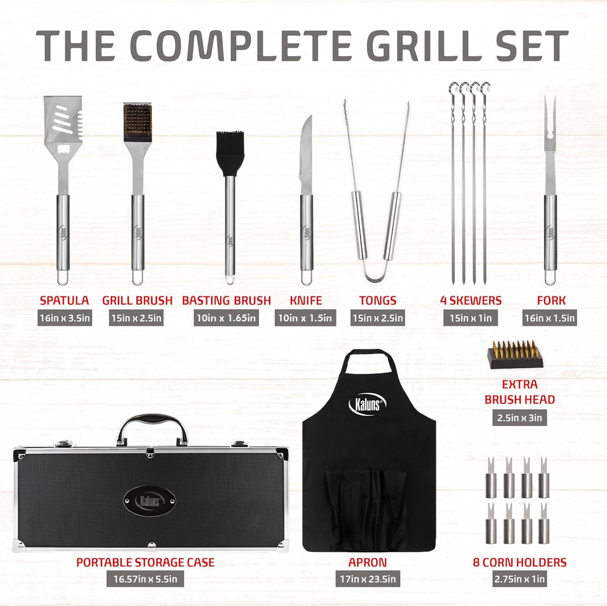 Kaluns Grilling Accessories, Dad Gifts for Fathers Day, Mothers Day Grilling Gifts, Heavy Duty Stainless Steel BBQ Tool Set for Outdoor Grill with Aluminum Case and Apron, Birthday Gifts for Men