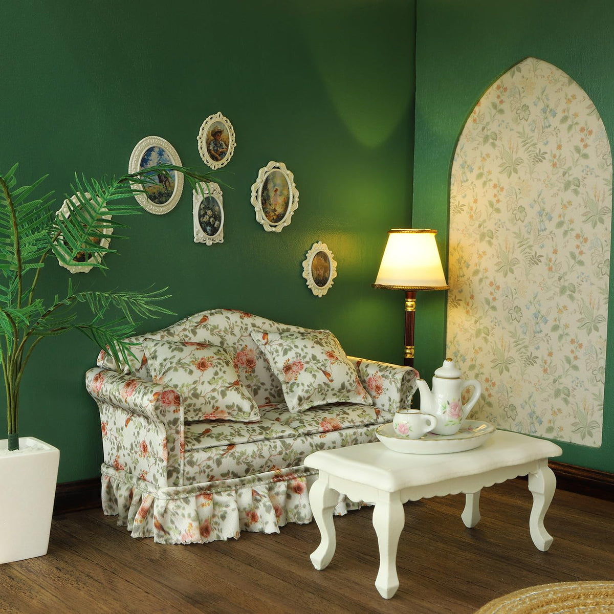 iLAND Dollhouse Furniture of Miniature Couch with Coffee Table the Beautiful Doll House Furniture Set fit 1/12 scale accessories, Elegant Rose and Birds Customized Fabric and Amazing Pleated Handiwork