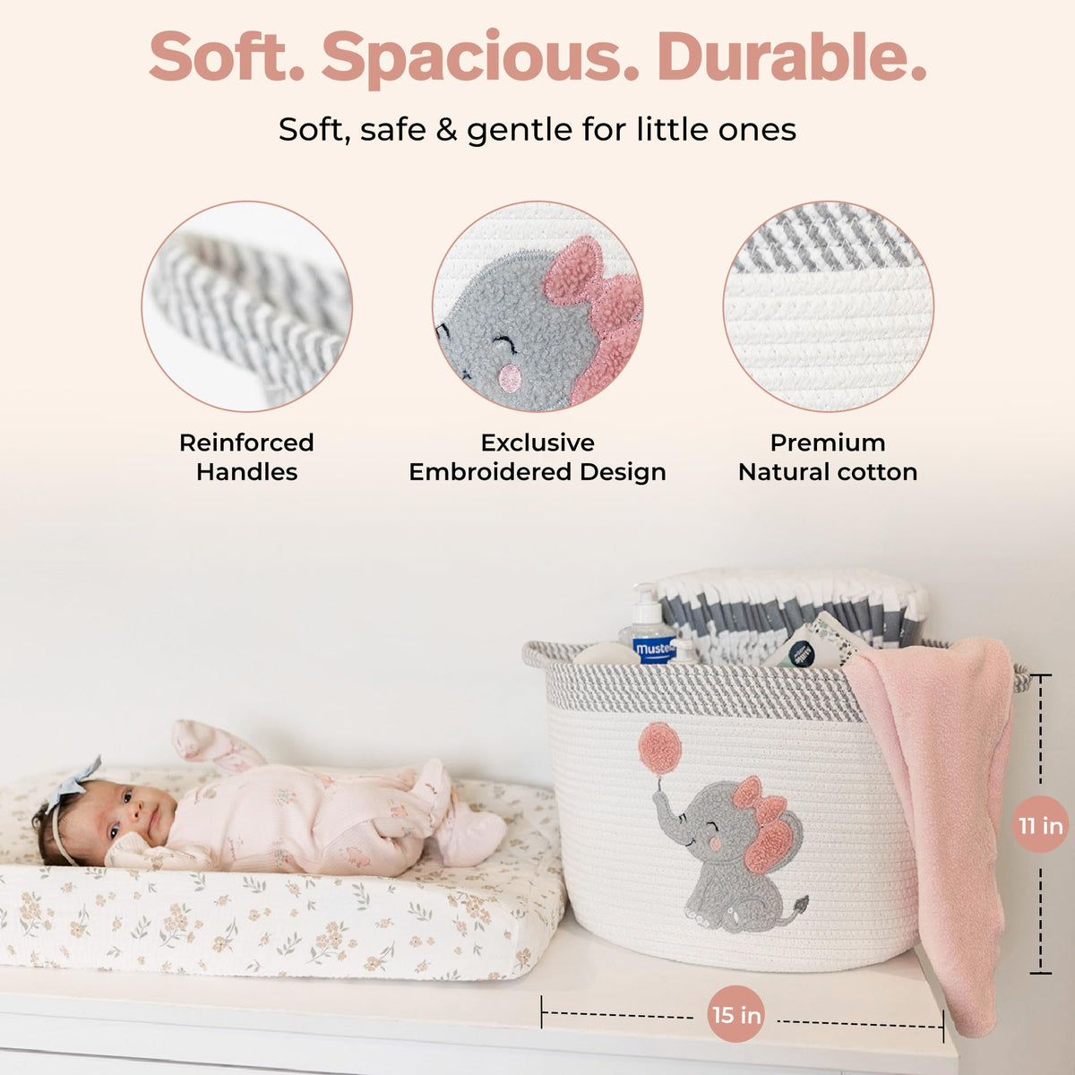 Elephant Storage Basket for Nursery – Large 15”x11” Cotton Rope Bin with Soft Felt Elephant Patch – Toy Organizer, Baby Laundry Hamper, Diaper & Towel Holder – Foldable, Washable & Baby-Safe