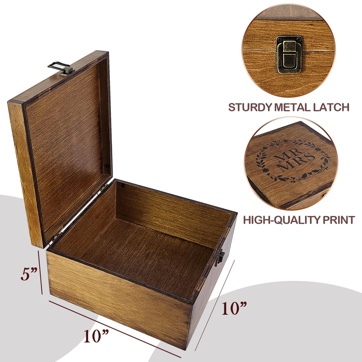 BeeGreeny Large Mr and Mrs Wooden Wedding Keepsake Box for Couples, 10"x10"x5" Wooden Memory Box with Lid, Wedding Gift Box for Bride and Groom, Bridal Shower, Anniversary Valentines Gift Ideas