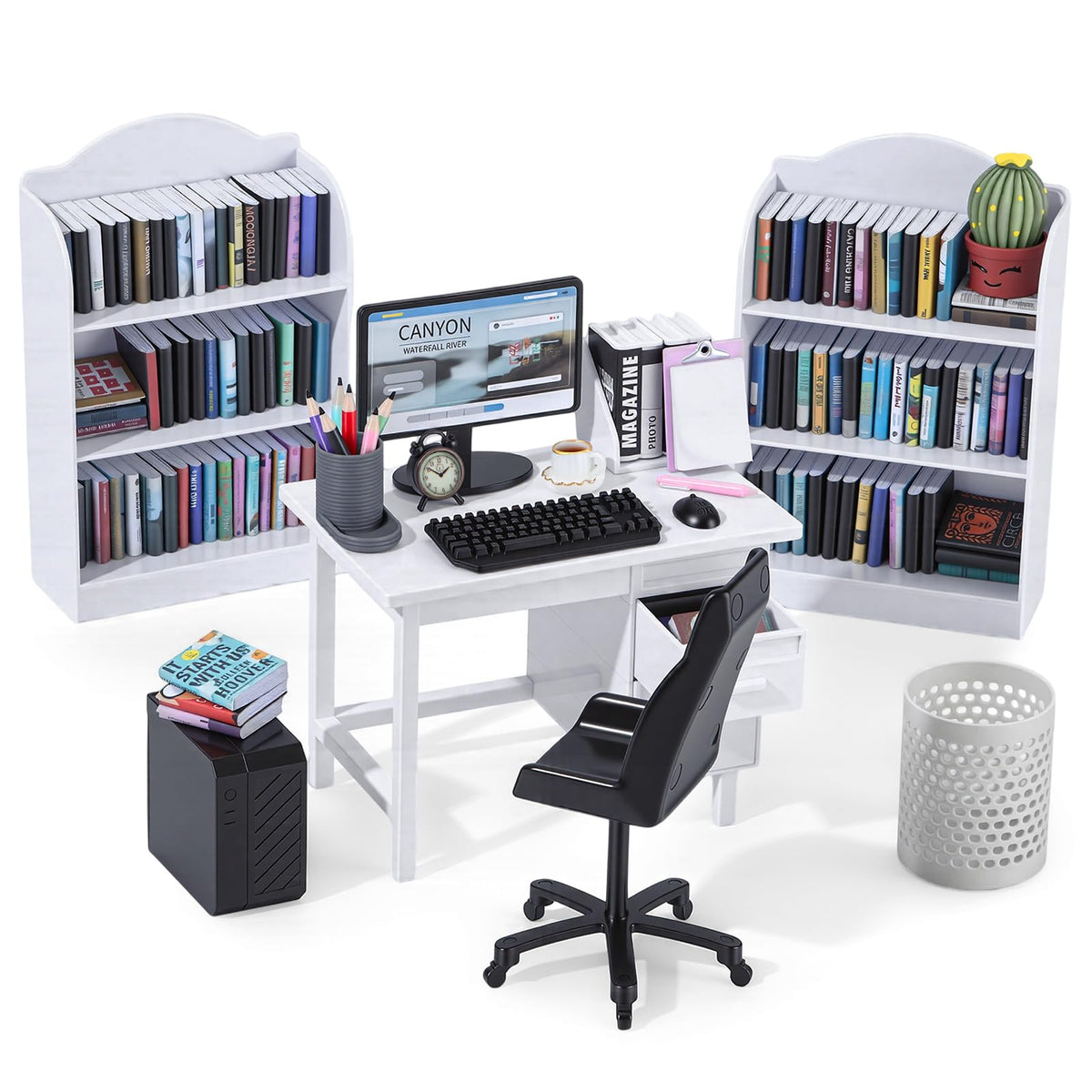 1:12 Scale Mini Desk Set with 100 Mini Books & 2 Bookshelves — Miniature Dollhouse Furniture Set with Office Chair, Computer & 15+ Accessories — Mini Desk Accessories for Doll House Diorama