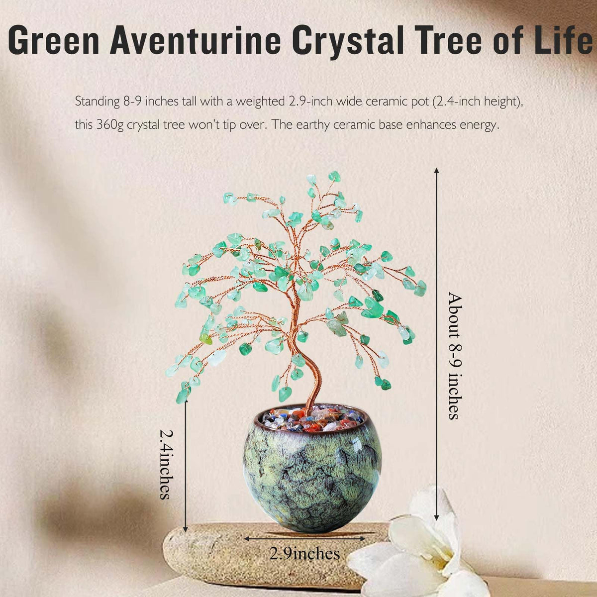 Runyangshi Green Aventurine Crystal Tree of Life - 8" Large Natural Chakra Healing Crystal Tree, Bringing Money, Good Luck, Positive Energy for Home Decor, Feng Shui Gifts, Office Desk Ornament