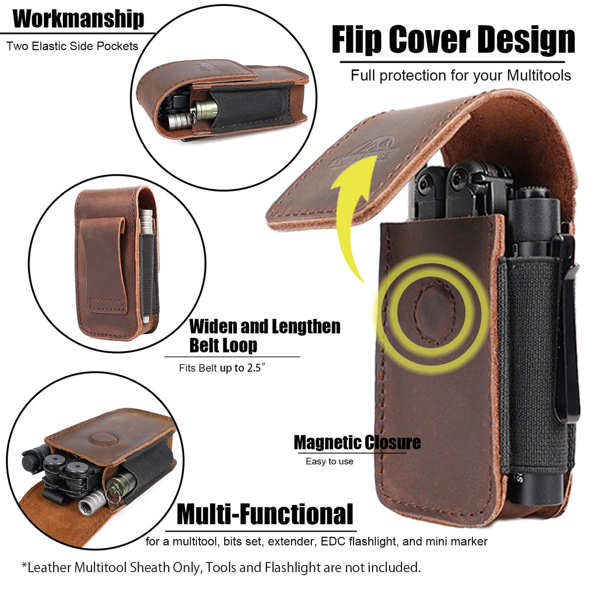 Topstache Leather Multitool Sheath for Belt - EDC Belt Organizer for Leatherman, Gerber - Magnetic Closure Multitool Holster Pouch Fits Folding Tool - Leather Multi Tool Case, M, Darkbrown