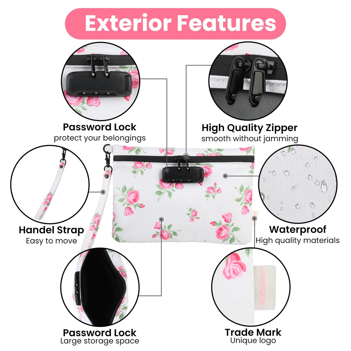 Aobelan Pink Rose Travel Pouch - Waterproof with Combination Lock, 8 Accessories and Gift Box