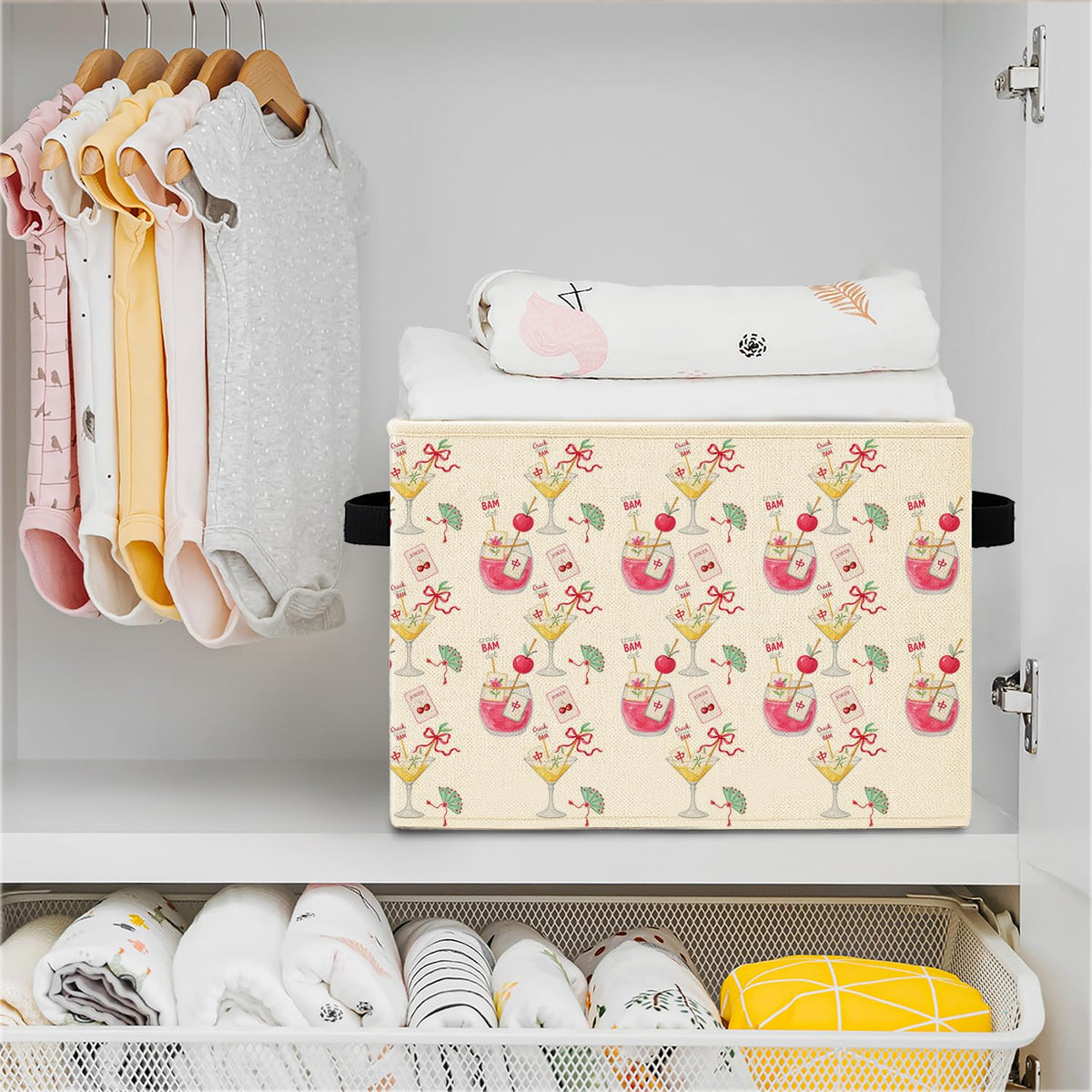 Elefeltclave Mahjong Cocktail Storage Bins,Trendy Martini Cocktail Mahjong Collapsible Storage Basket Organizer for Kitchen Bar Lounge Girls Bedroom Clothes Toys Books, Toybox for Girls COCKTAILMJ