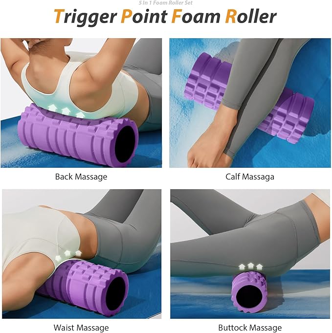 5 in 1 Foam Roller Set for Deep Tissue Muscle Massage, High Density Trigger Point Fitness Patented Exercise Foam Roller, Massage Roller, Massage Ball, Resistance Band, for Whole Body(Purple)