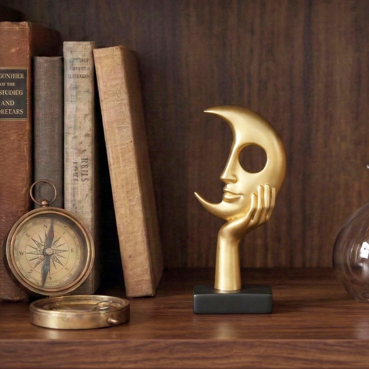 Lodkksg Gold Moon Face Sculpture with Hand, Modern Abstract Art Decor, Black Base