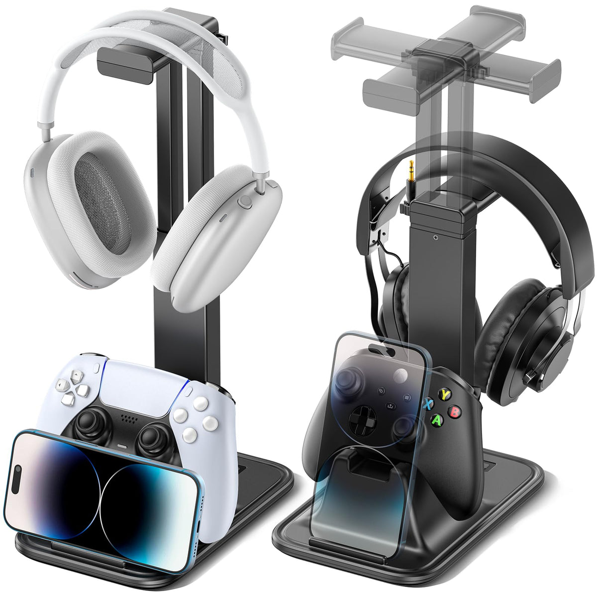 Gaming Headset & Controller Stand, Rotating Headphone Storage with Controller & Phone Holder, Game Desk Storage with Cable Organizer for PS5/PS4/XBOX PC Gamer Essentials Organizer Gift Accessories