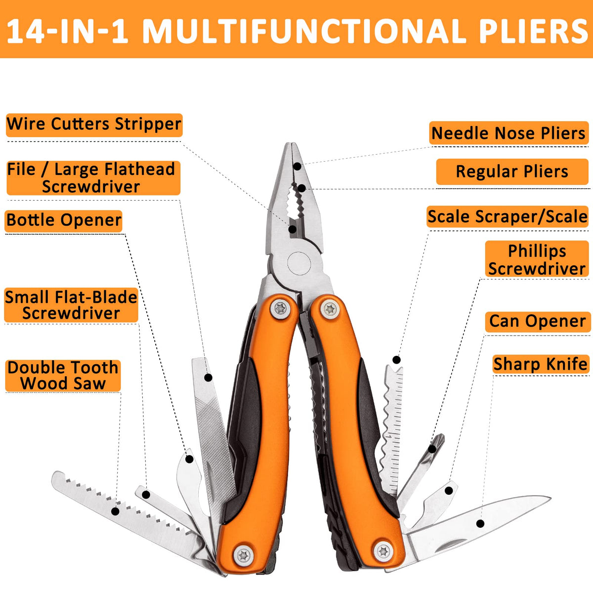 AUTODECO 98 PCS Roadside Car Emergency Assistance Kit with Portable Air Compressor Jumper Cables Safety Hammer All in One Pliers Tool Set（Orange）