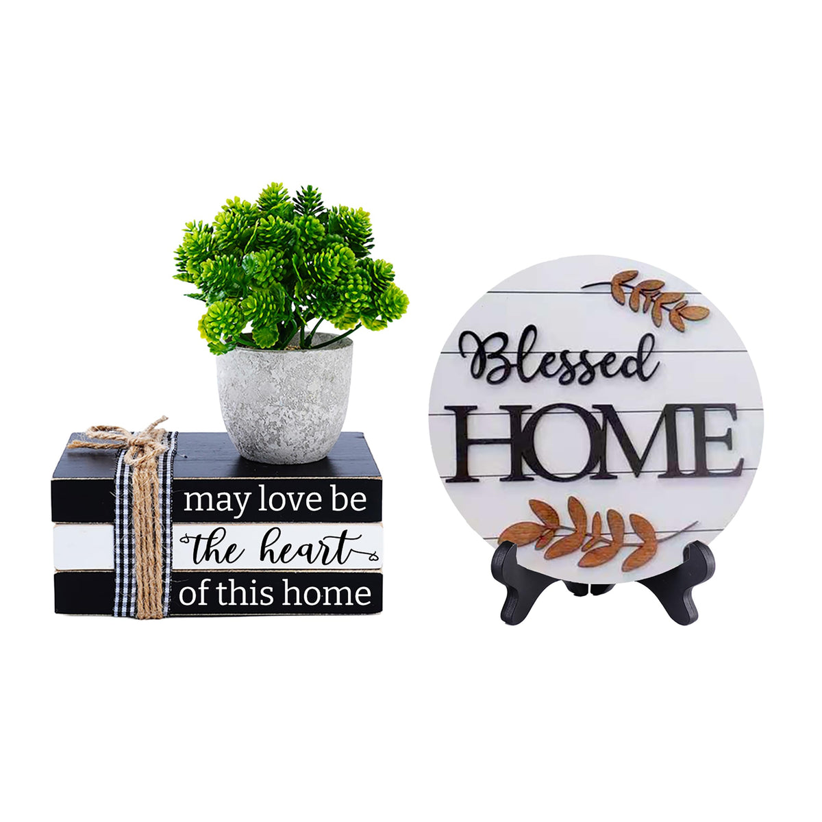 Dazingart Housewarming Gifts for Home Decoration, Farmhouse Home Tiered Tray, May Love Be The Heart of This Home Mini Wooden Book Stack, Family Home Decor Book Bundle Blessed Signs (Blessed Home)