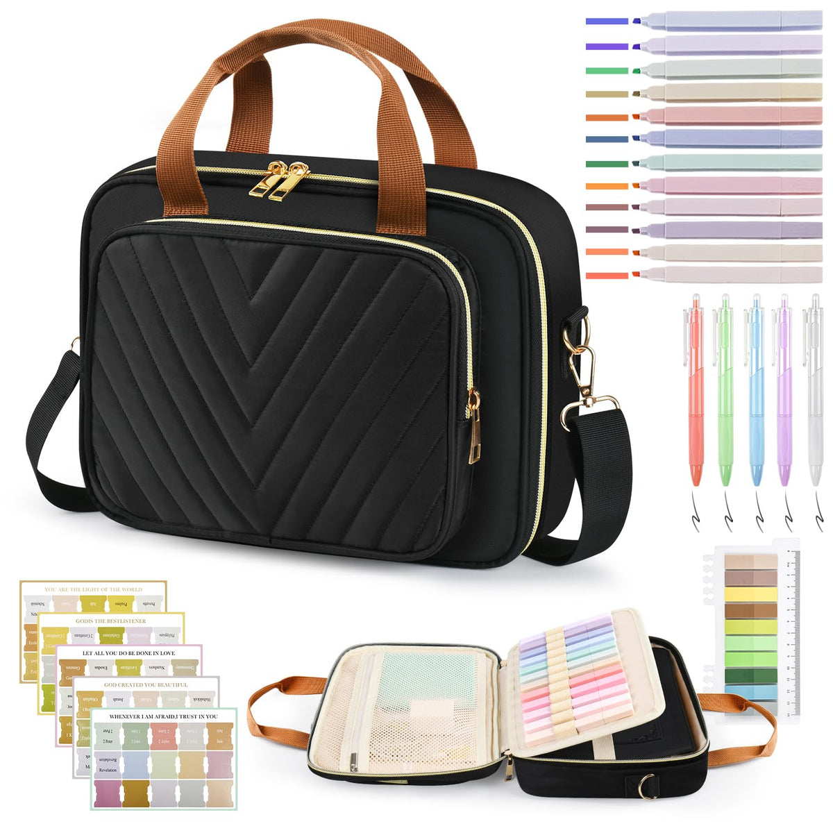 Large Bible Bags for Women, Bible Cover Case with Highlighters Tabs Quilted Book Travel Case w/Shoulder Strap, Bible Study Supplies Journaling Kit Accessories Christian Gifts for Women Girl