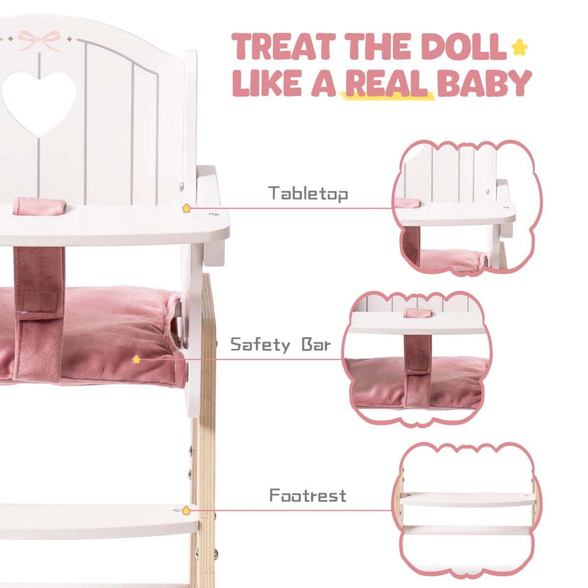 ROBUD Play High Chair, Pretend Play High Chair with Cushion, Movable Table, Wooden Baby Doll Accessories, Fits 18-20 Inch Dolls, White