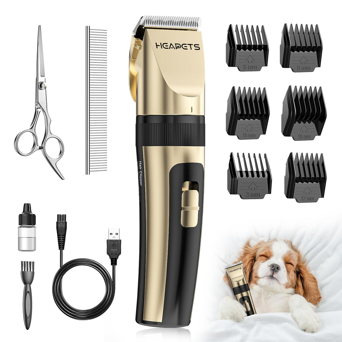 HEAPETS Dog Grooming Clippers, Low Noise, Electric Quiet, Adjustable Clipper Comb, Rechargeable Cordless Dog Hair Clippers for Dogs Cats Pets, Gold