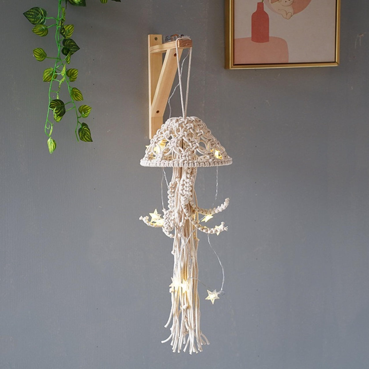 Macrame Wall Hanging,Jellyfish Dream Catcher with Star Lights,Bohemian Woven Wall Art Decor Beautiful Apartment Dorm Room Door Decoration (White)