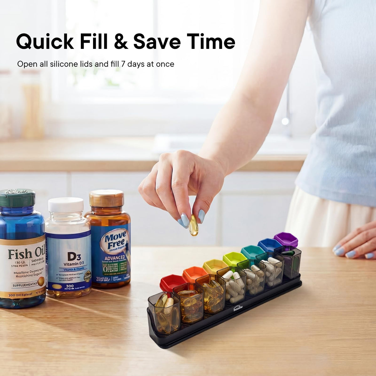 Large Weekly Pill Organizer 1 Time a Day, BPA-Free Pill Dispenser, 7 Day Removable Pill Box with Silicone Lids, Spill Proof Travel Case for Vitamins, Supplements & Daily Medication