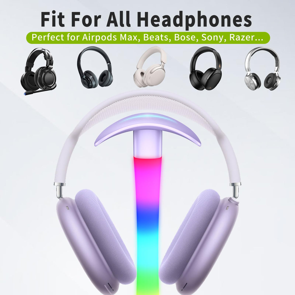 Tascaquin Headphone Stand with Charger,Gaming Headset stand with RGB Light Mode,For Airpod Max Stand,Desk Lamp,Phone Holder,Tablet Holder,desktop organizer,Gifts for Gamers & Music Lover (Purple)