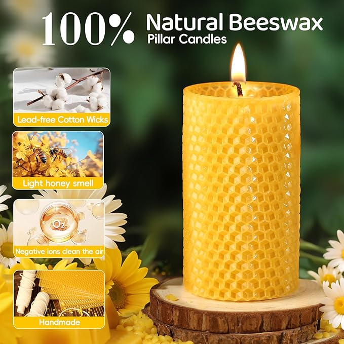 12 Pack Honeycomb Beeswax Candles,240 Hours Long Burning Natural Handmade Beeswax Rolled Pillar Candles, Bees Wax Candles for Home, Prayer,Dripless Smokeless Unscented Pillar Candle 2x4in
