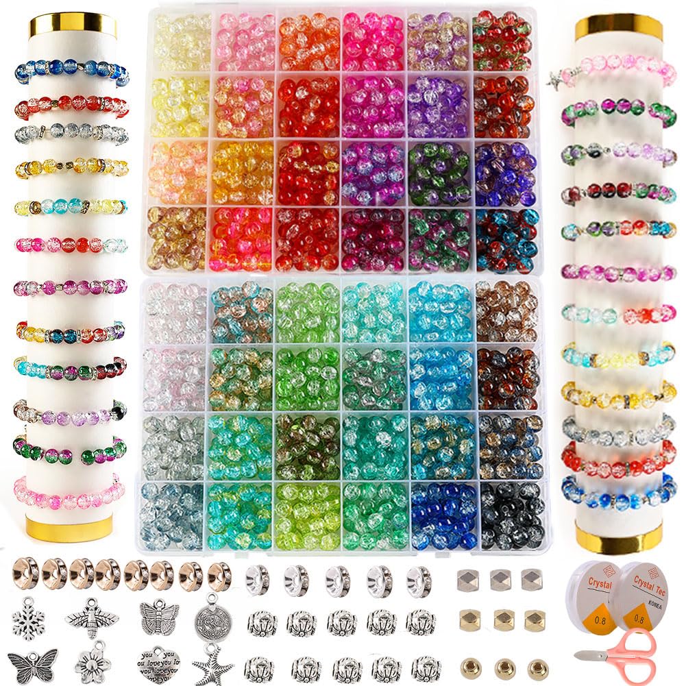 XJRLUK Glass Beads Bracelet Making Kit,1350PCS 48 Colors 8mm Crackle Glass Beads for Jewelry Making, Crystal Glass Round Beads Friendship Bracelet kit for DIY Crafts Gifts