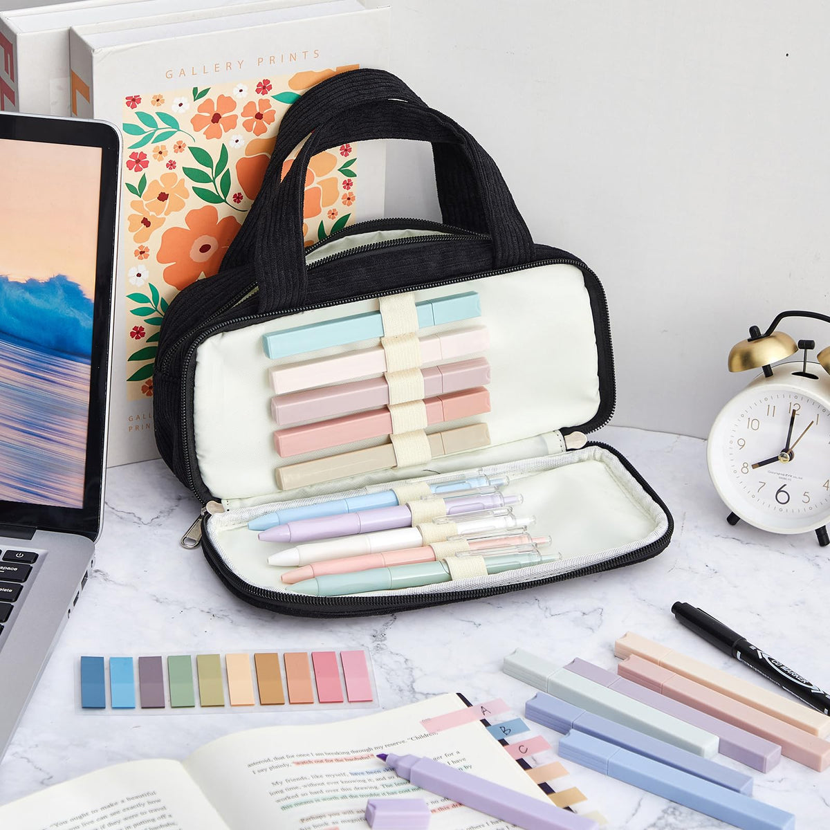 Jutom 39 Pcs Aesthetic Book Annotation Kit Highlighter with Pencil Case Bag Gel Pen Transparent Sticky Note Taking Bible Study College School Supplies(Black,Classic Style)