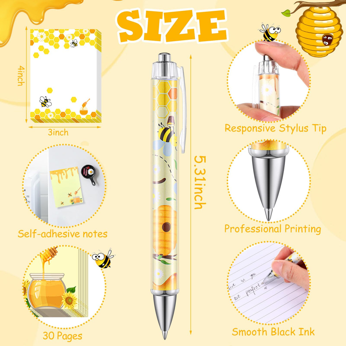 Dispowreath 16 Pcs Bee Lover Gifts for Women:Cute Bee 3"x4" Sticky Notepads Pens Makeup Bags Socks Set for Animals Lover Graduation Birthday Gifts Office Desk Decor
