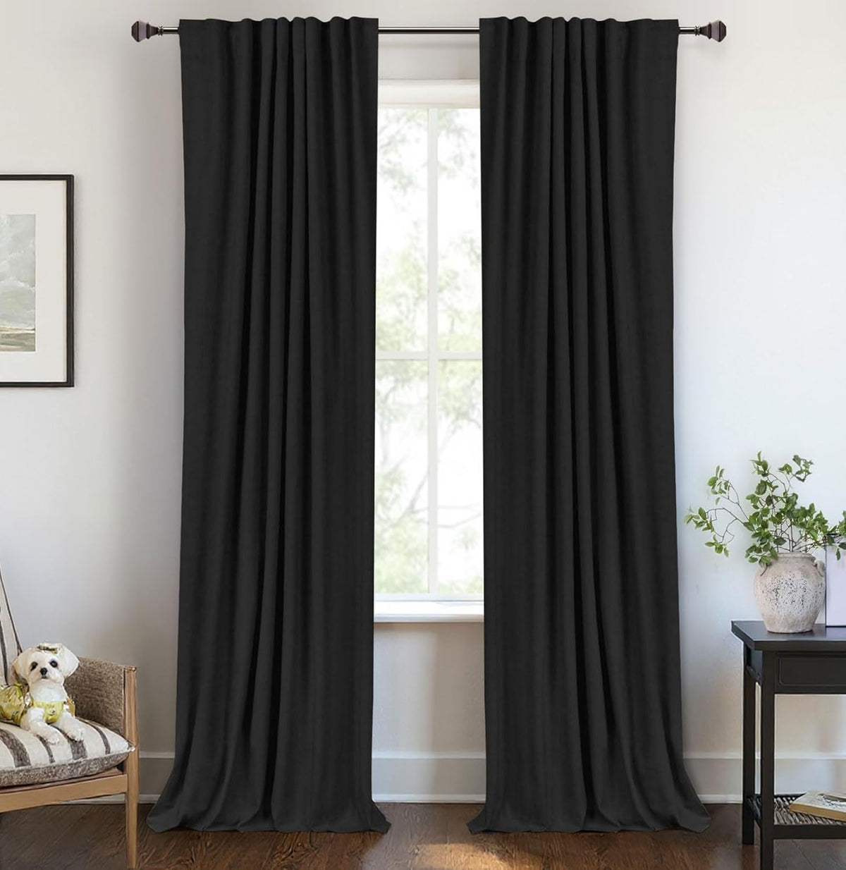 Skiennix 100% Blackout Linen Curtains - Thermal Insulated Drapes for Bedroom | 50" W x 108" L, Black