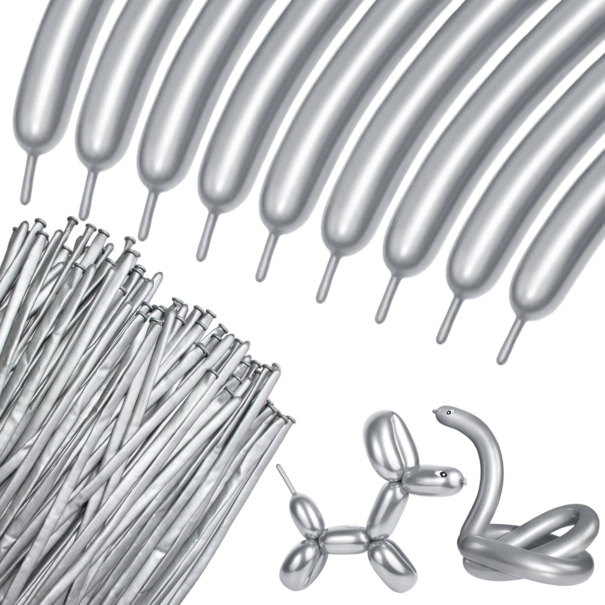 Skiennix Metallic Silver Balloons - 100 Pcs Long Skinny Latex Twisting Balloons for Animal Modeling | Perfect for Christmas & Birthday Parties