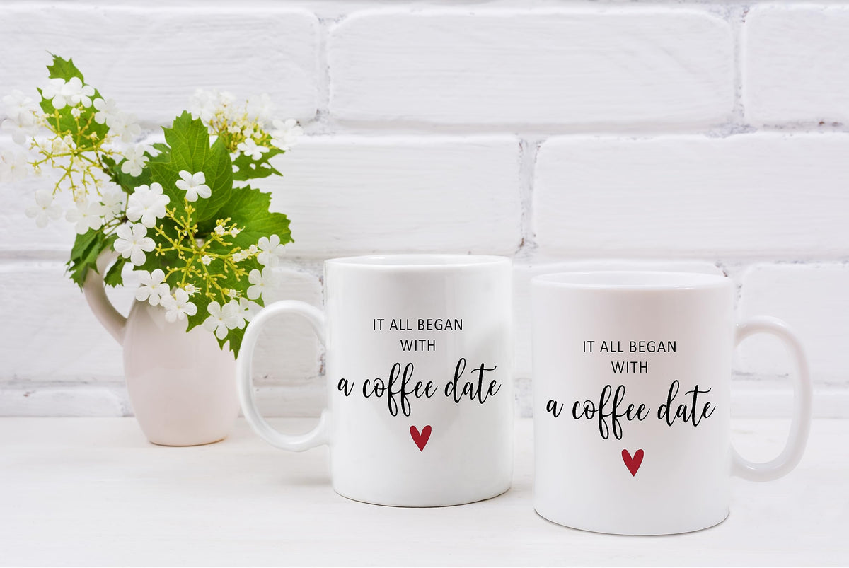 QASHWEY Valentines Day Coffee Mug, Girlfriend Gifts, Couple Gifts, Romantic Gifts for Her Him, Fiance Gifts for Her, Wedding Gifts Coffee Cups Ceramic 11oz, It All Began With a Coffee Date Tea Cup