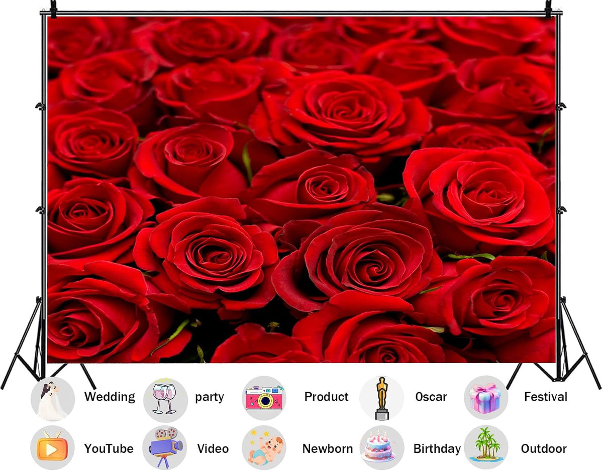 SHDASMIL 10X8ft Fabric Bright Red Roses Close Up Backdrop Fresh Floral Bouquet Background for Valentines Day Wedding