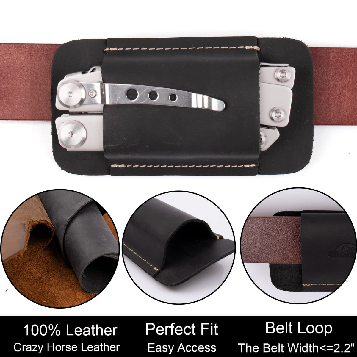 Topstache Leather Sheath, Handmade Multitool Holster, Horizontal Carry Leather Knife Sheath for Belt, EDC Pocket Organizer for Men,Size M,Black