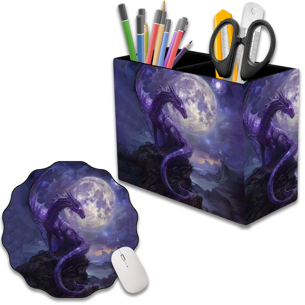 RVHOEZZM Pen Holder and Lace Mouse Mat Set, 2 Compartment Leather Pen Storage Boxes, Makeup Brush Storage Box, Suitable for Office and Home Desk Accessory Storage - Starry Purple Dragon