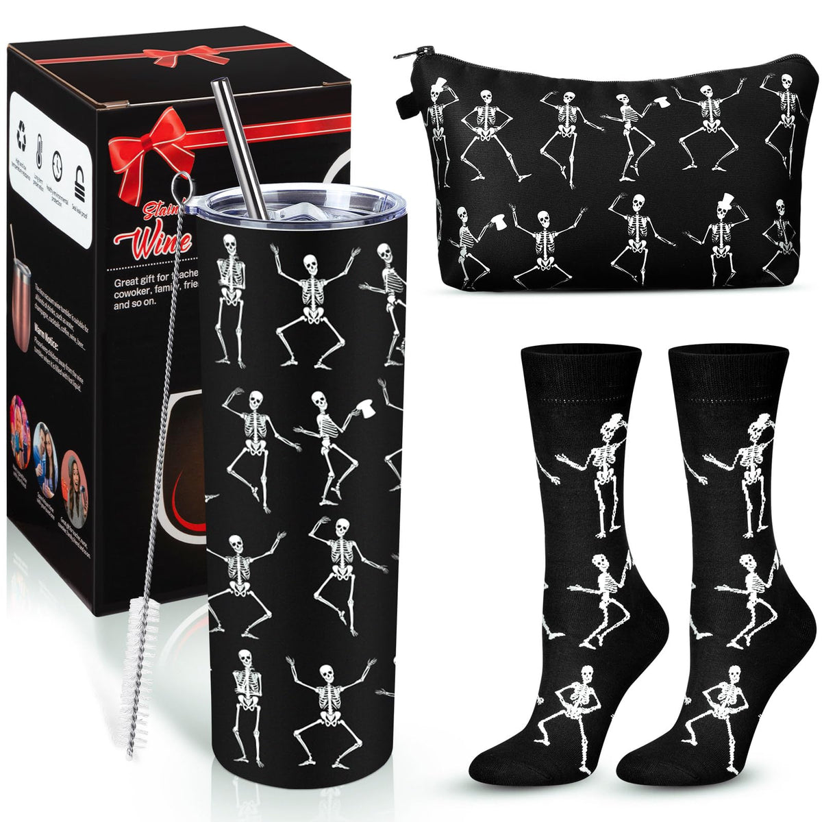 Geiserailie Halloween Goth Gifts Set Dancing Skeleton Insulated Tumbler with Lid and Straw Skull Makeup Bag and Skeleton Crew Socks Unisex Dress Socks Gift for Halloween Party, Friends, Sister, Mom