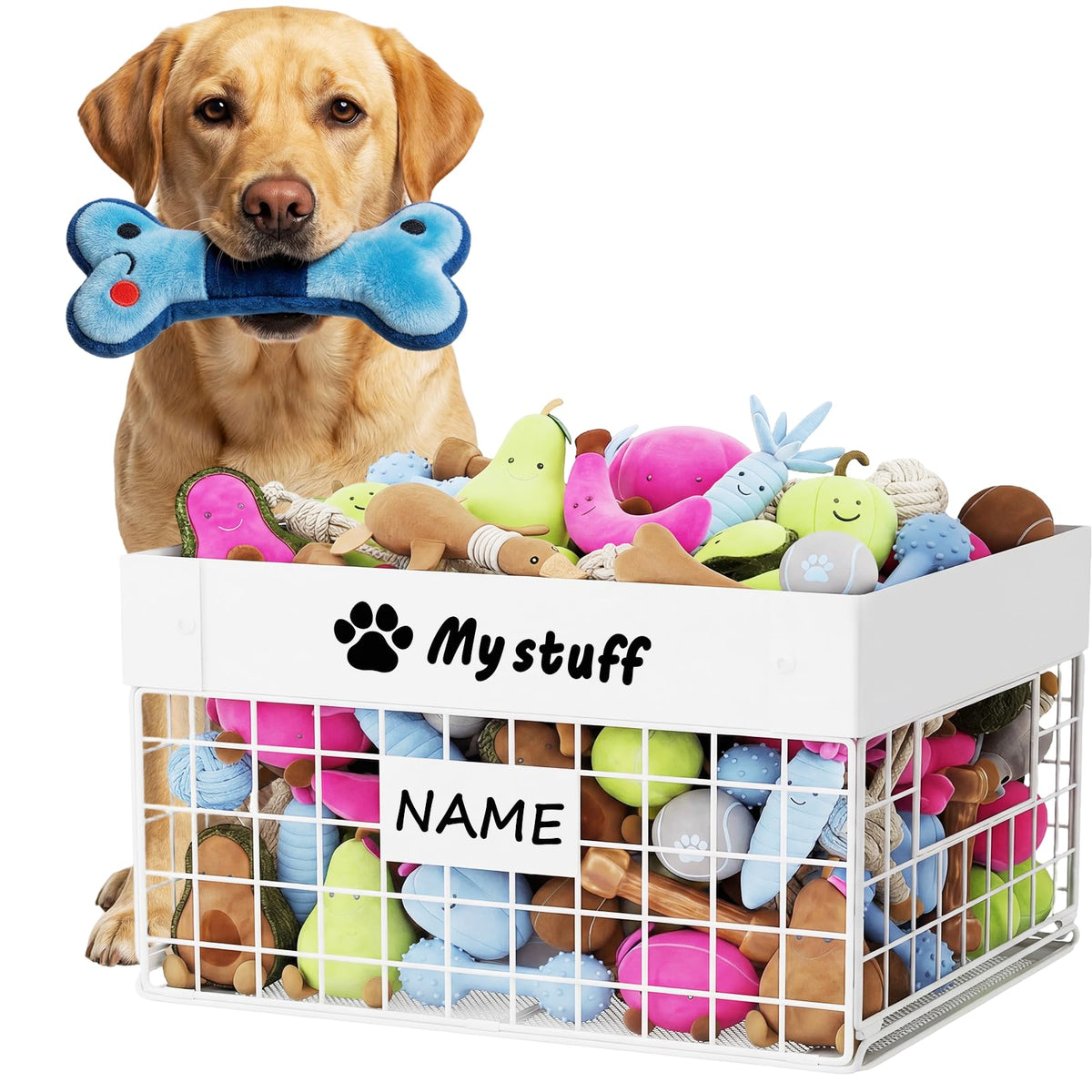 Kaiferty Indestructible X-Large Dog Toy basket, Chew-Proof Medium Toy Bin, Pet Toy Bin Dog Metal Basket for Toys, Puppy Toy Storage Organizer Blankets, Toy Box for Living Room Area (White)