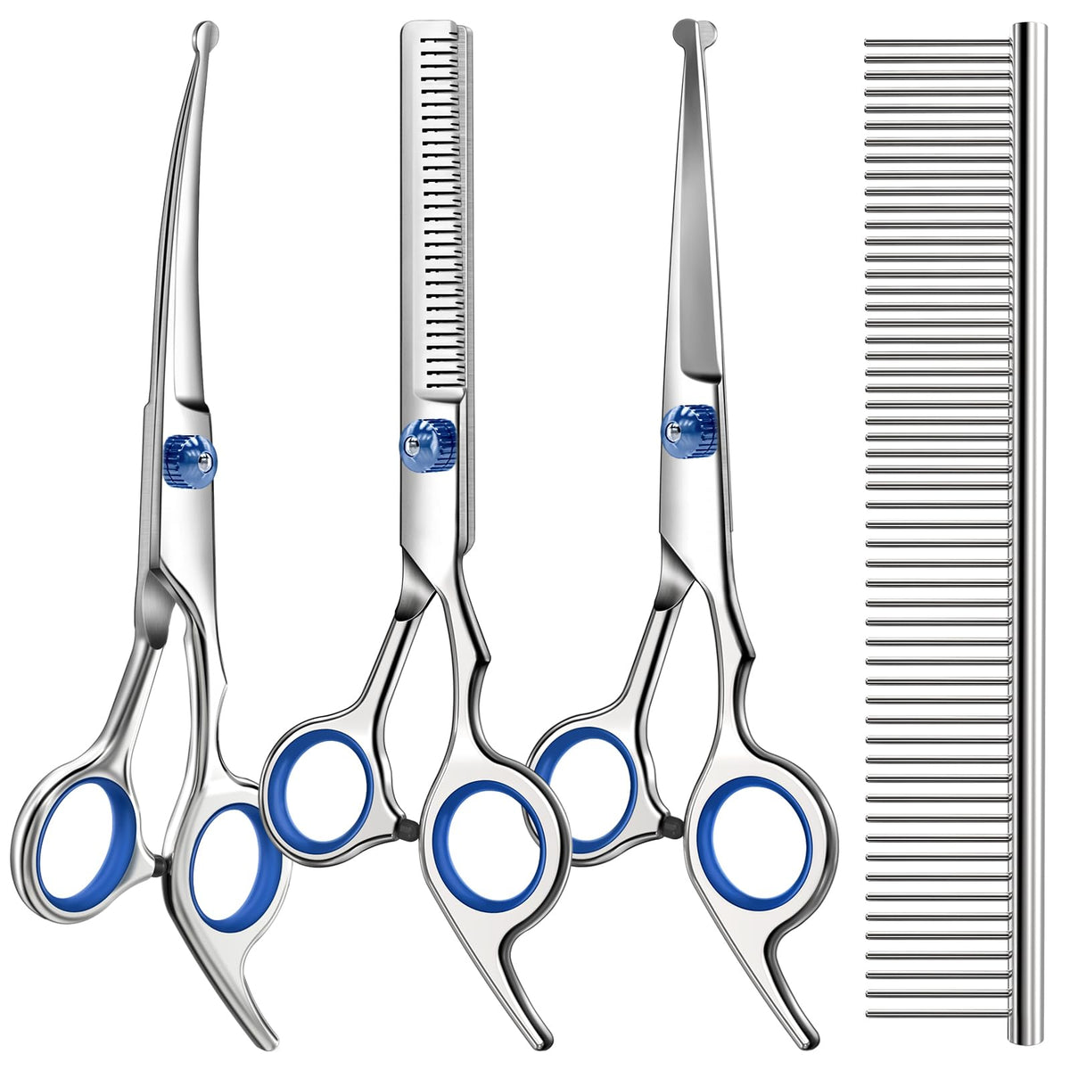 Professional 4 in 1 Dog & Cat Grooming Scissors Kit with Safety Round Tips,Sharp & Durable,Dog Shears for Grooming - Includes Straight, Curved, Thinning Scissors and Comb - Premium Pet Supplies