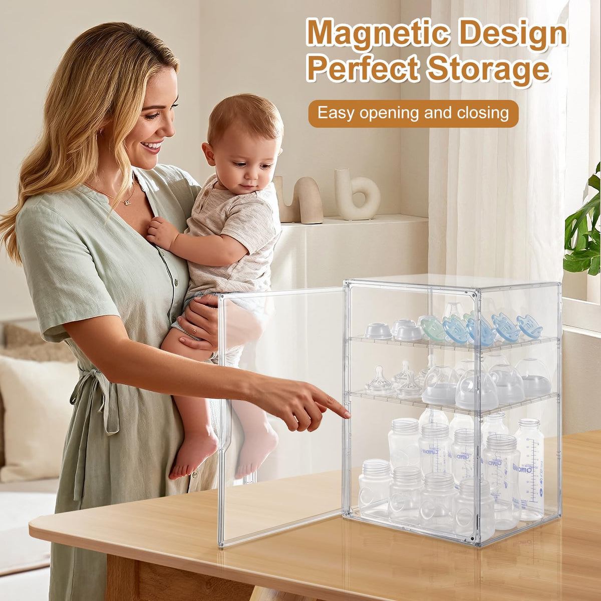 ERTIUANIO Baby Bottle Organizer – 3 Tier Bottle Storage Organizer Baby for Nipples, Pump Parts, Food Jars – Clear Acrylic Bottle Station Organizer for Countertop and Kitchen, Gifts for New Mom