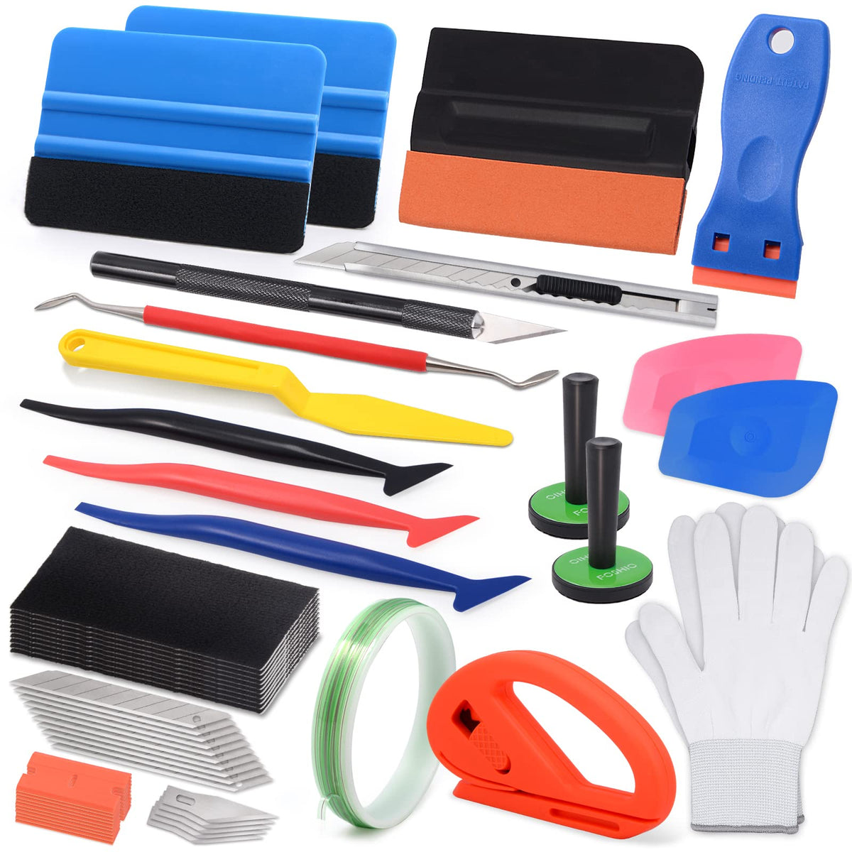 FOSHIO Window Tint Vinyl Wrap Tool Kit with 5M Knife Tape, Felt Squeegee, Micro Squeegee, Wrap Magnets Holders, Gloves, Safety Cutter, Utility Knife, Plastic Razor Blades Vinyl Application