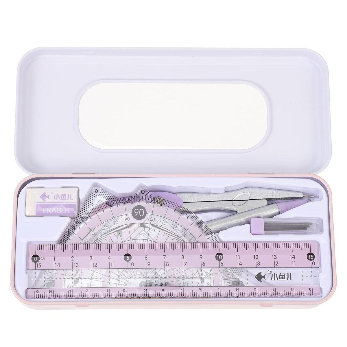 LUOZZY Student Math Geometry Tool Set Students Ruler Compass and Protractor Kit Office Stationery for Drawing School Supplies (Pink)