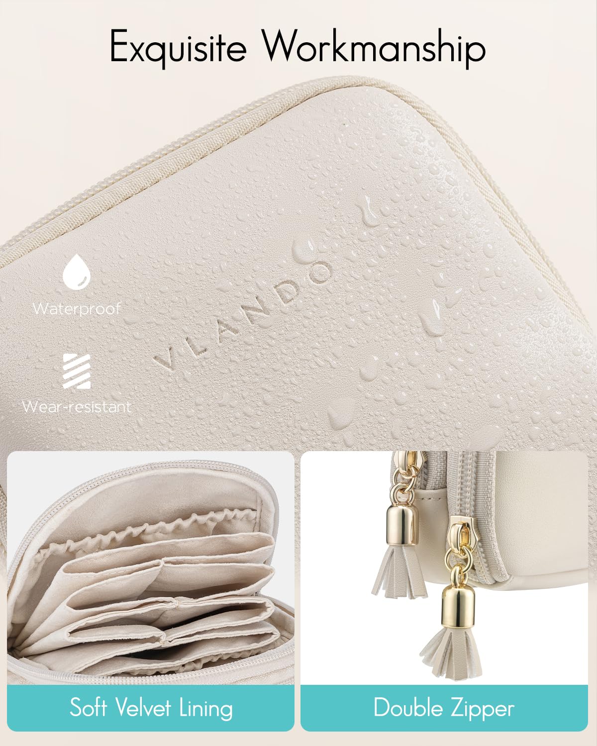 VLANDO Travel Jewelry Case,2-Layer Jewelry Organizer for Travel,Mothers Day Mom Gifts,Multi-Compartment Jewelry Storage for Rings Earrings Necklaces Bracelets-Cream White