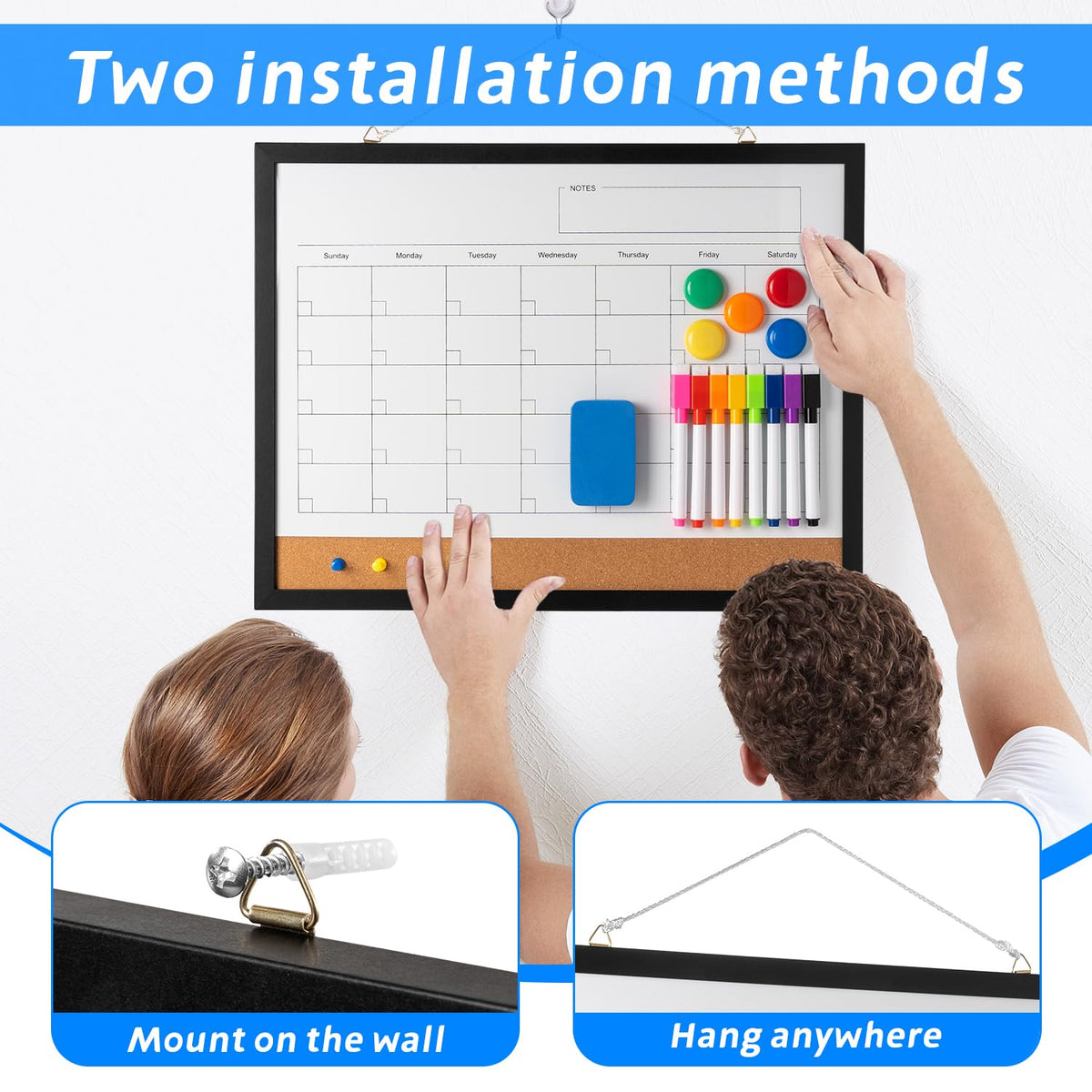 Dry Erase Calendar Whiteboard, 17" x 13" Magnetic Whiteboard Cork Board Combo, Reusable Monthly Planner with 8 Markers, Eraser, Magnets and Pushpins, Hanging Dry Erase Board for Home, School - Black