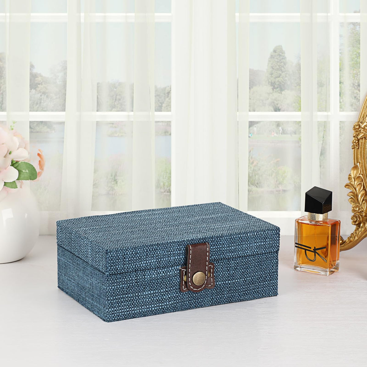Hipiwe Treasure Chest Jewelry Box - Wooden Decorative Box with Clasp Linen Covered Memento Case Box Rectangular Keepsake Box Photos Storage Organizer Home Decor,Blue