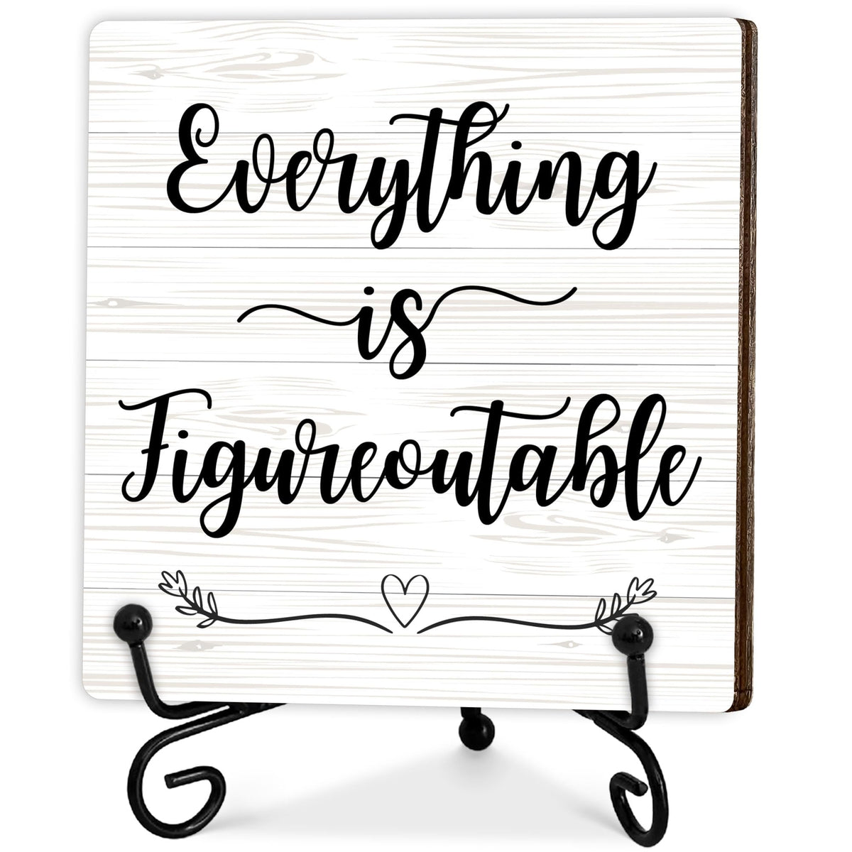 Inspirational Office Gifts for Women, White Desk Decor, Everything Is Figureoutable Wooden Sign with Stand, Birthday Gifts for Men Friends Coworkers, Motivational Office Decor, 5"x5"-A02